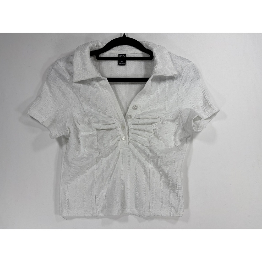 Dazy Knit Top Women Large White Excellent Ruched Polo V-Neck Short Sleeve Crop